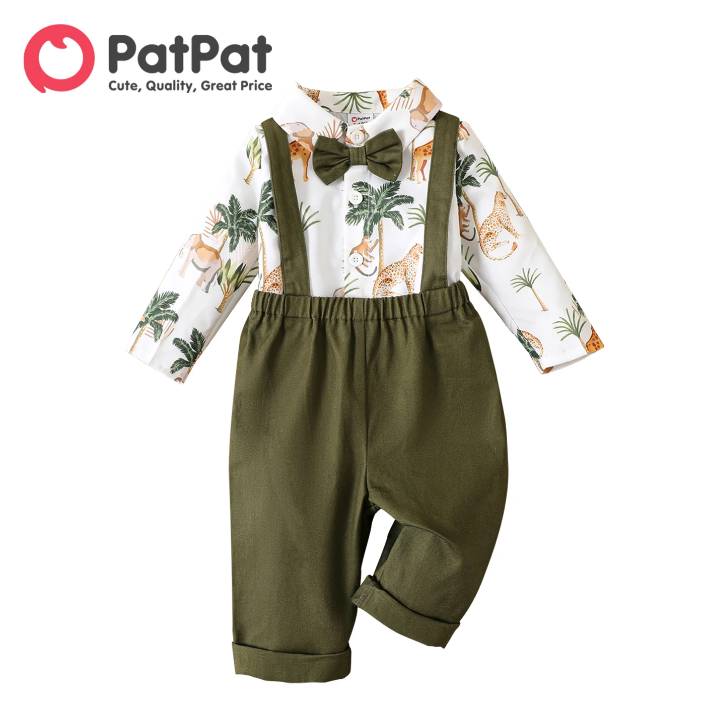 

PatPat 2pcs Baby Boy 100% Cotton Suspender Pants and Allover Print Long-sleeve Bow Tie Shirt Set