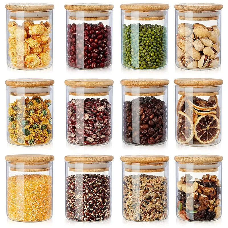 

12 Pack Glass Jars Set, Spice Jars With Bamboo Lids, Clear Glass Food Storage Containers, Kitchen Canisters Set