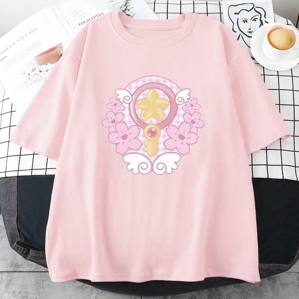 

Magic Key Cardcaptor Sakura T Shirts Kawaii Clothing Aesthetic Girls Tees Summer 100% Cotton Pink Tops Casual O-Neck Y2k EU Size