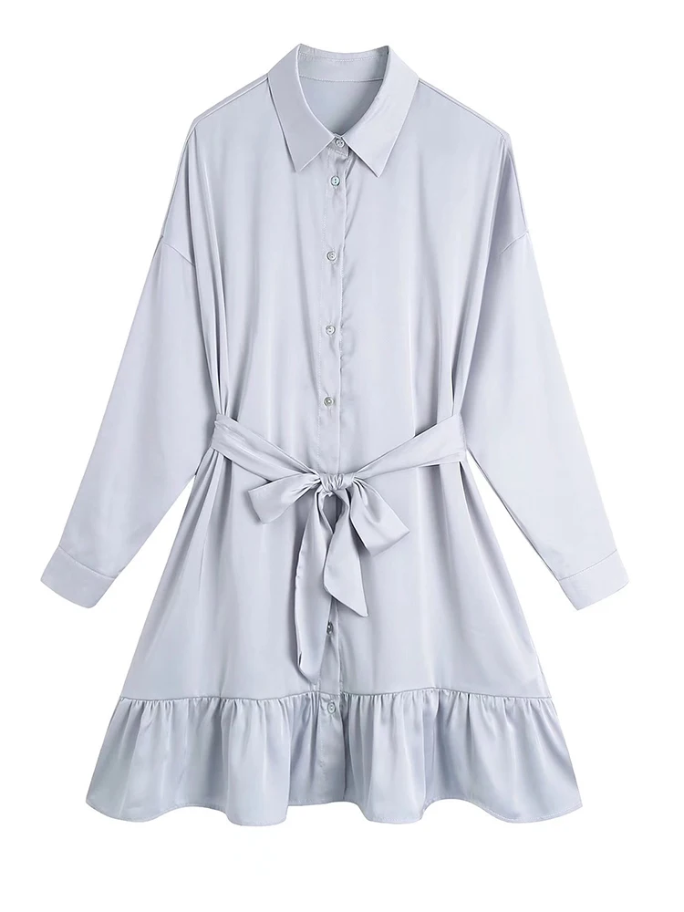 

2022 Fashion Women Silver Grey Sashes Shirt Dress Vintage Long Sleeve Female Casual Loose Dress Short Vestido