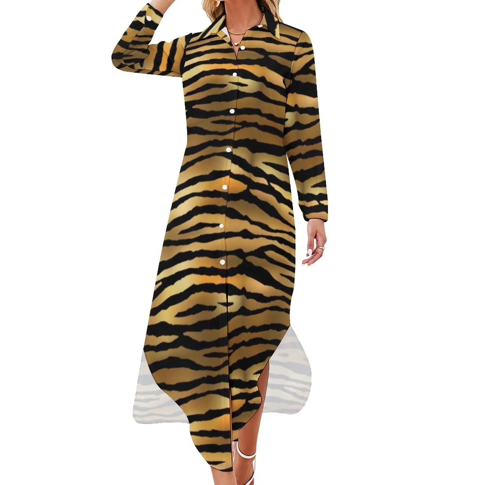 

Tiger Print Chiffon Dress Gold Black Animal Jungle Elegan Dresses Women Long Sleeve Casual Dress Spring V Neck Oversized Clothes