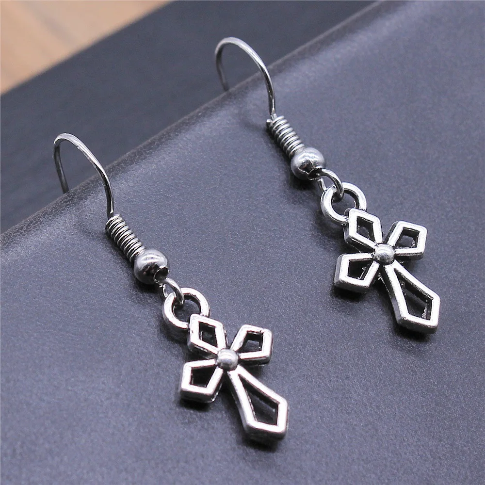 

Fashion Handmade Simple Design Antique Silver Color Cross Small Cross Pendant Earrings Women Vintage Drop Earrings