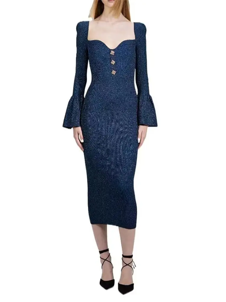 

Women Slim Knitted Midi Dresses Square Collar Flared Sleeve Temperament Female Robe