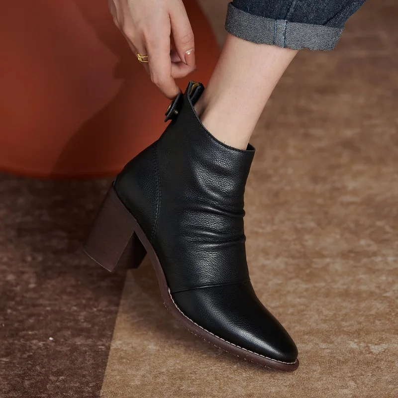 Women  Ankle Boots European Style Short Boots Cowhide Thick Heels Classic Pleated Shoes Woman Autumn Spring Ladies Daily Shoes