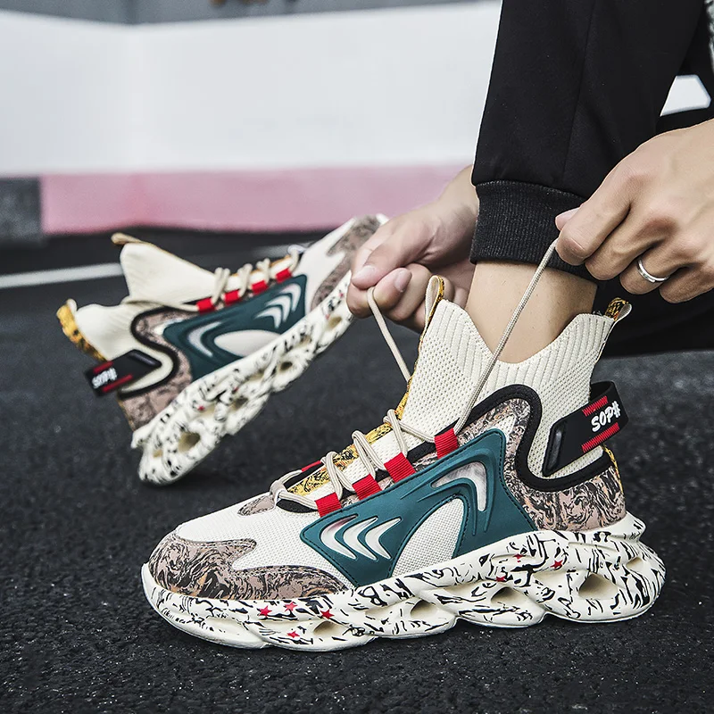 New Men's Breathable Sports Shoes Elastic High-top Basketball Shoes Trendy Hollow Blade Bottom All-fitting Lightful Casual Shoes