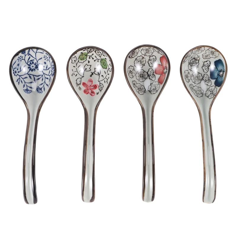 

4 Pieces Asian Retro Chinese Ceramic Rice Spoons Curved Handle Ramen Soup Spoon Painted Flower Spoons With Long Handle