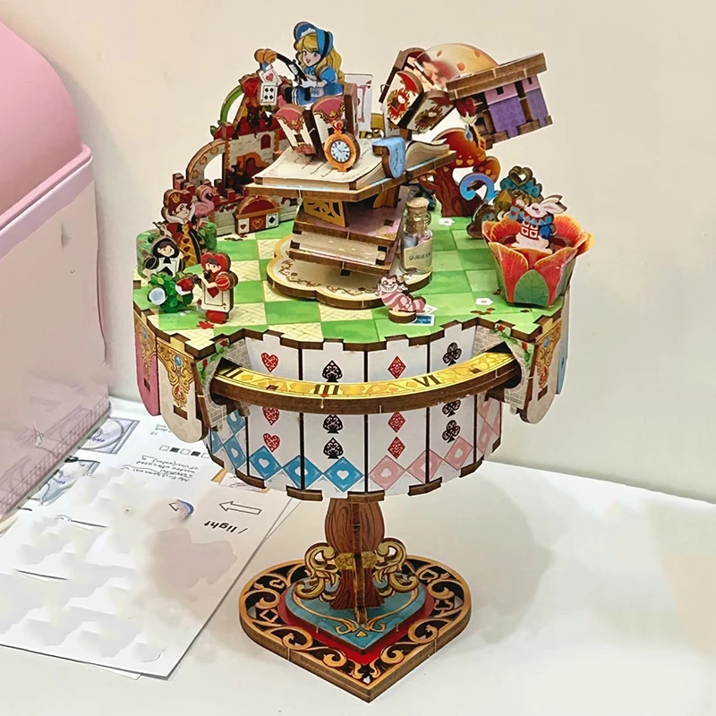 Фото Музыкальная шкатулка для чаепития Alice, сделай сам, деревянная 3D-головоломка, строительные наборы моделей с вращающимся столом, подарок принцессы для девочек на день рождения №1