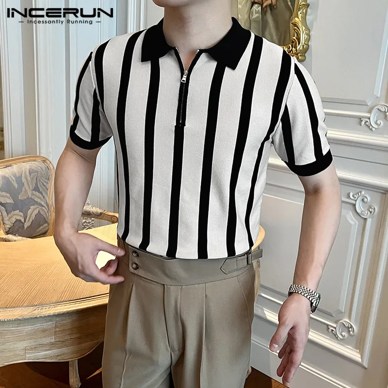 

INCERUN Tops 2023 Korean Style Men's Vintage Striped Zippered Short-sleeved Knitted Shirts Casual Streetwear Lapel Blouse S-5XL