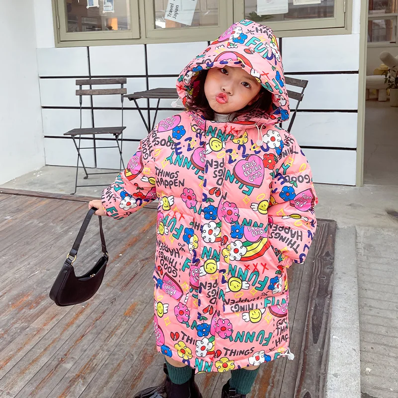 

Children's Down Jacket Boys Girls Long Graffiti White Duck Down Coats 2022 New Kids Printed Thick Warm Hooded Tops Parkas
