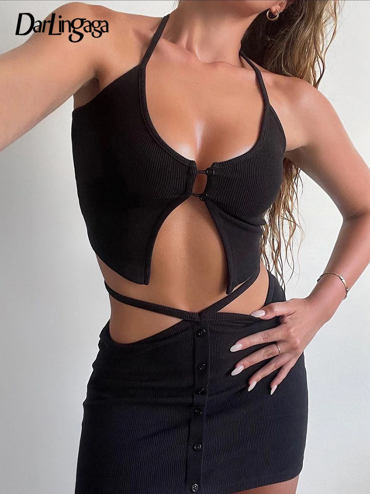 

Darlingaga Casual Solid Basic Halter Skinny Crop Tops Streetwear Backless Sexy Women Camis Tops Split Summer Hot Sale Clothing