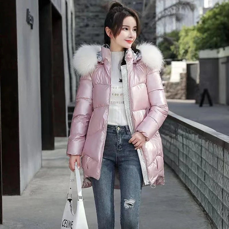 Disposable Down Jacket Bright Cotton Coat Mid-length Winter Loose Thickened Hooded Coat