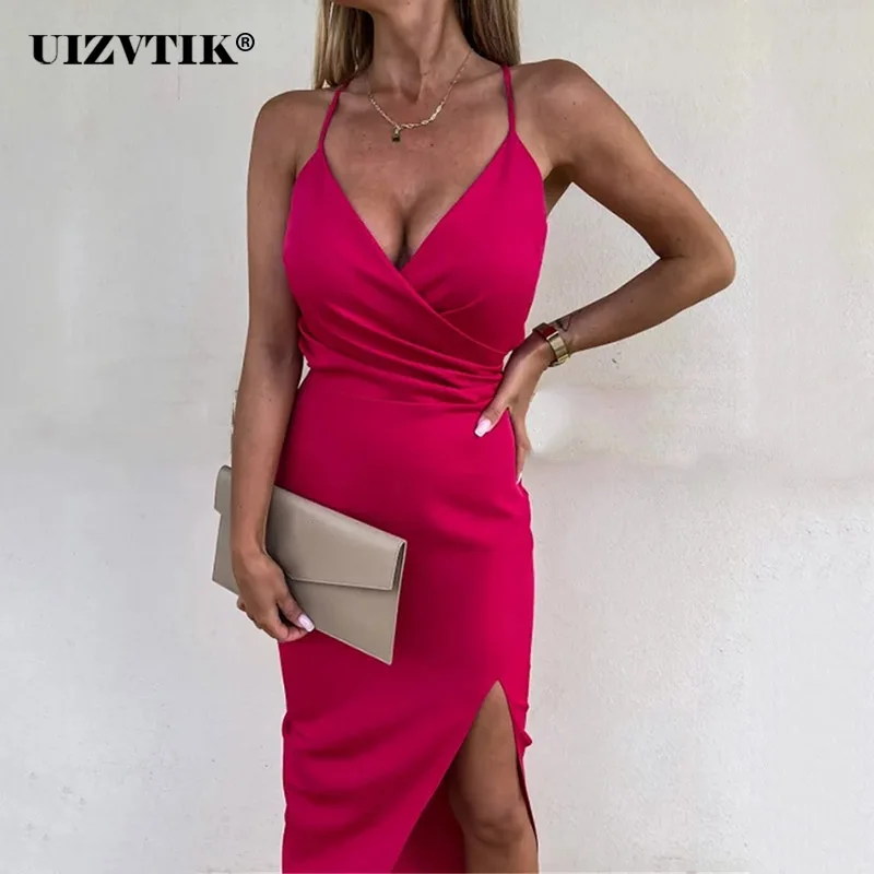 

Sexy Solid V-neck High Slit Backless Maxi Summer Dresses for Women 2022 Elegant Casual Evening Guest Long Party Formal Vestidos