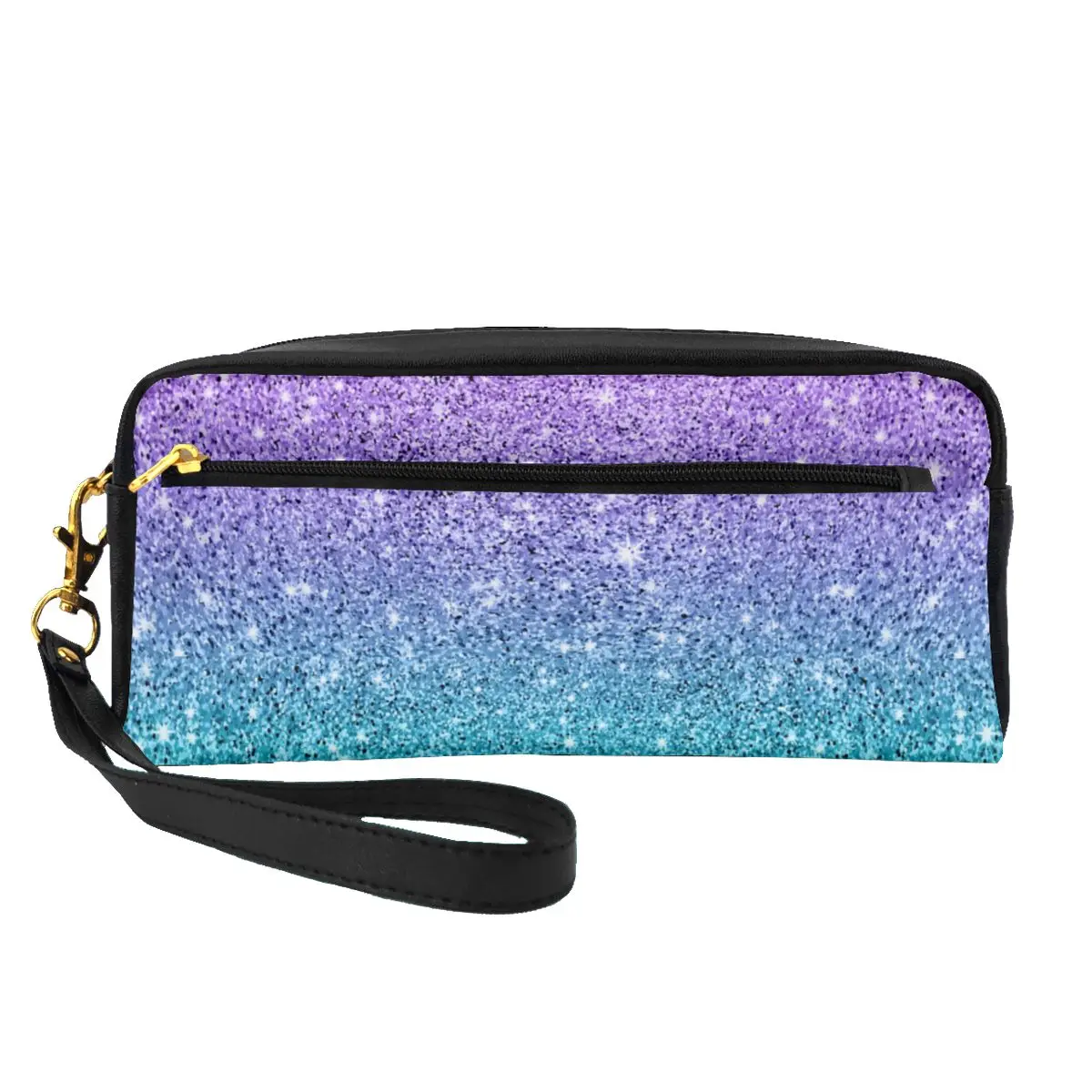 

Texture Ombre Leather Storage Organizers Purple And Green Glitter Print Woman's Makeup Pouch Multi-purpose Daily Cosmetic Bags