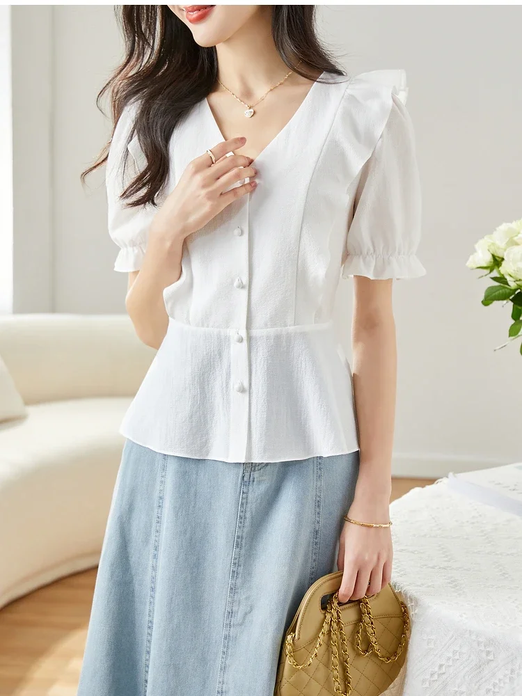 

Vimly V-neck Peplum Tops for Women 2023 Summer French Elegant Button-up Slim Short Puff Sleeve Ruffle Shirts & Blouses M1522