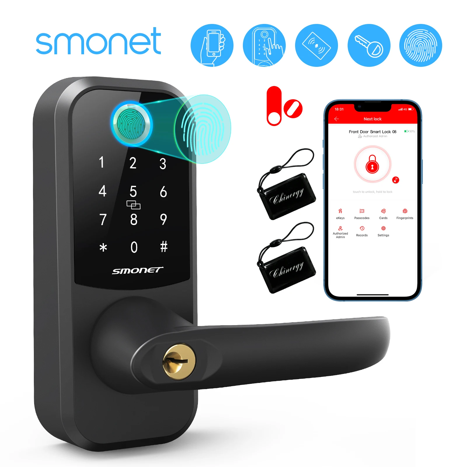 

Smart Door Lock With Handle Biometric Fingerprint / IC Card / Password / Key / APP Unlock/ USB Charge Electronic Deadbolt Locks