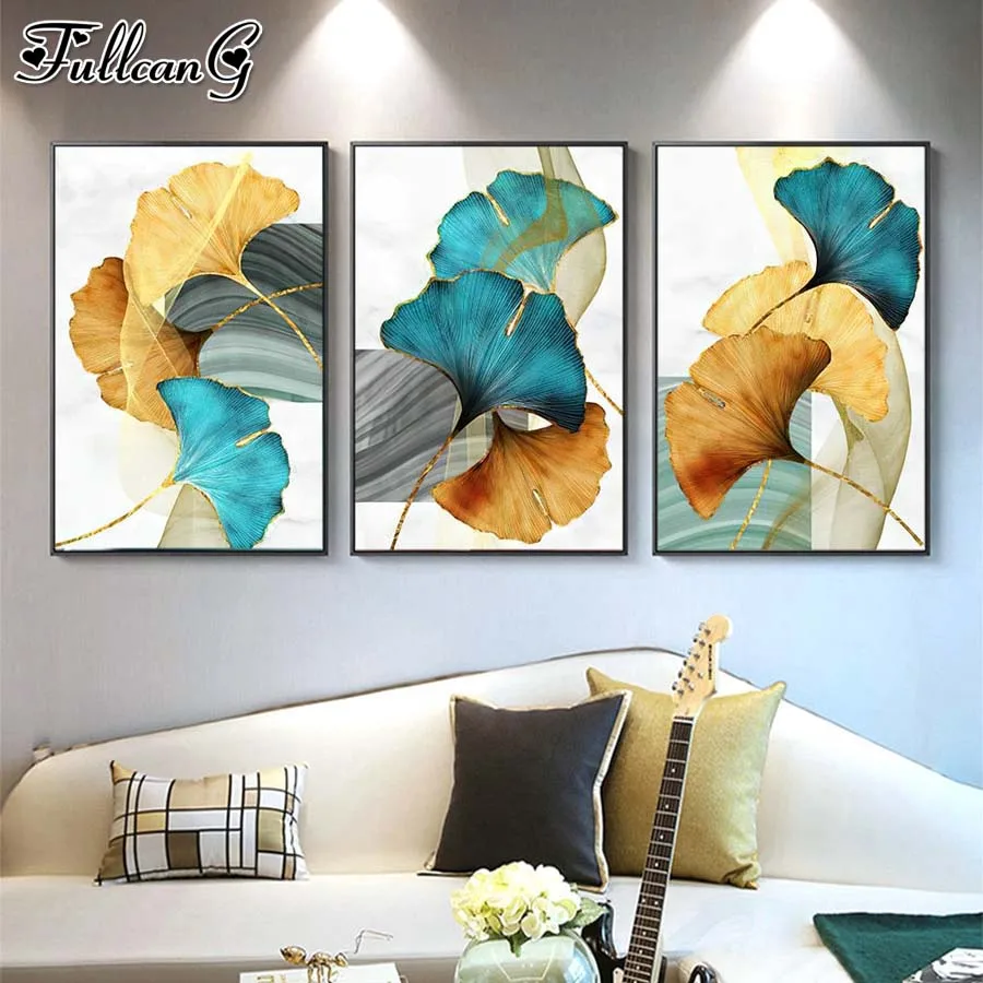 

FULLCANG 5D DIY triptych diamond painting cross stitch colorful leaves full Mosaic Embroidery plant Needlework Home Decor FG0875
