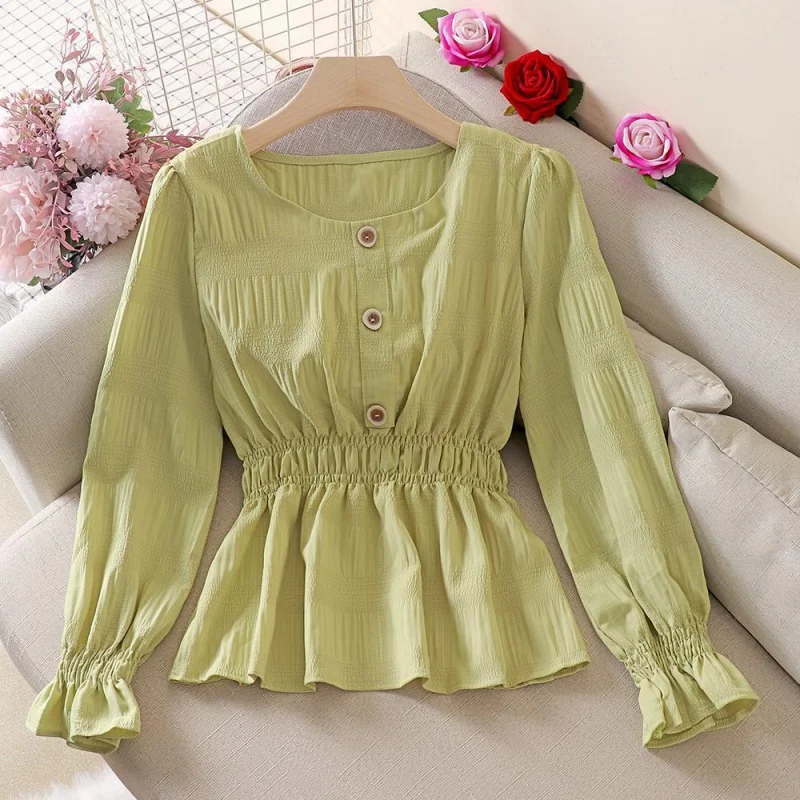

Fall 2020 New Korean Style Western Style Waist-Slimming Ruffled Long Sleeve Shirt Solid Color Pleated Bell Sleeve Top