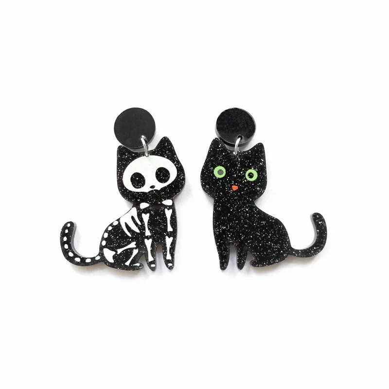 

X39 Cute Animal Glitter Black Cat And Skeleton Cat Asymmetric Acrylic Stud Earrings For Women Lovely Kitty Fashion Jewelry