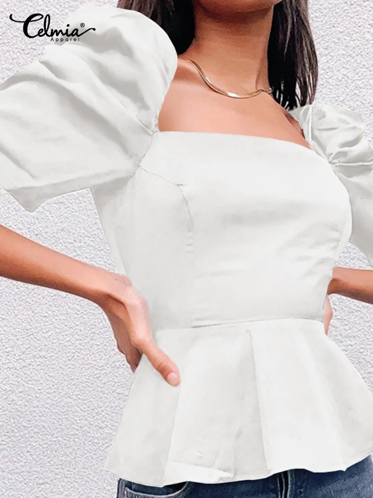 

Celmia Casual Backless Peplum Shirts Women Elegant 2022 Summer Solid Color Blouses Short Puff Sleeve Square Collar Short Tops