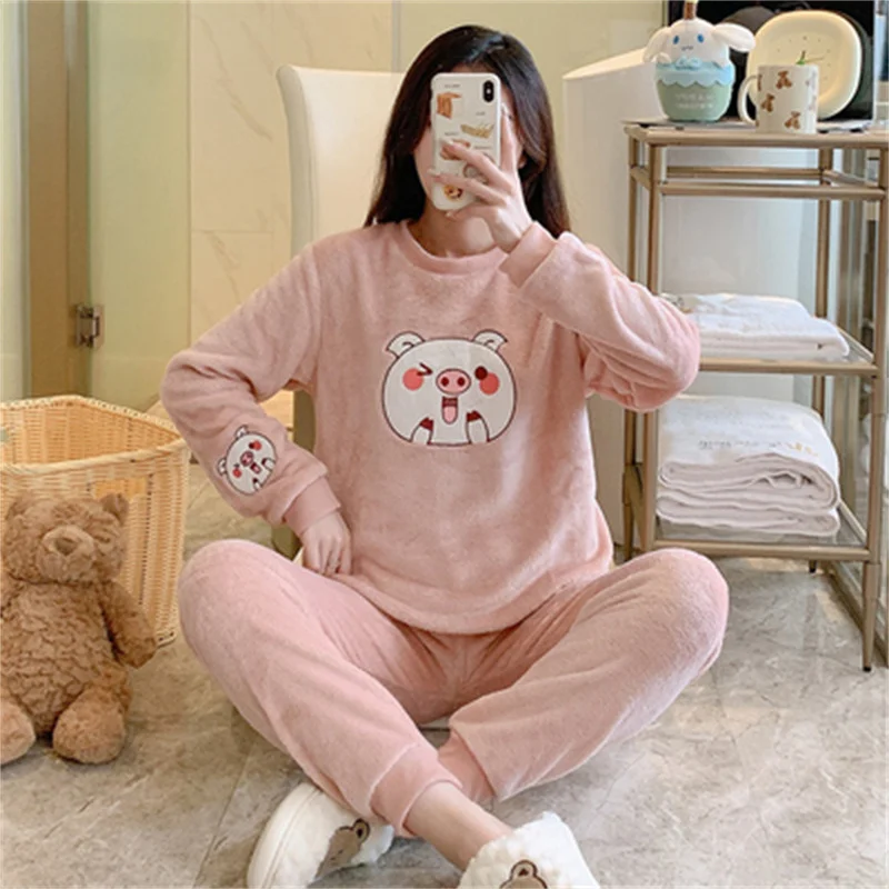 Cartoon Pajamas Set Casual Sleepwear For Women Sweet Pyjama Women's Warm Soft Winter 2022 Fashion Homewear Plus Size