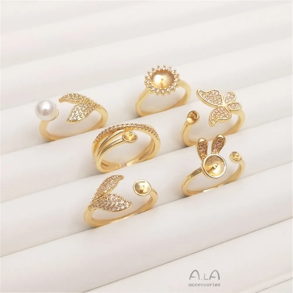 

14K plated gold filled Crystal pearl ring set with zircon butterfly fish tail ring high-end handmade sticky beads ring set