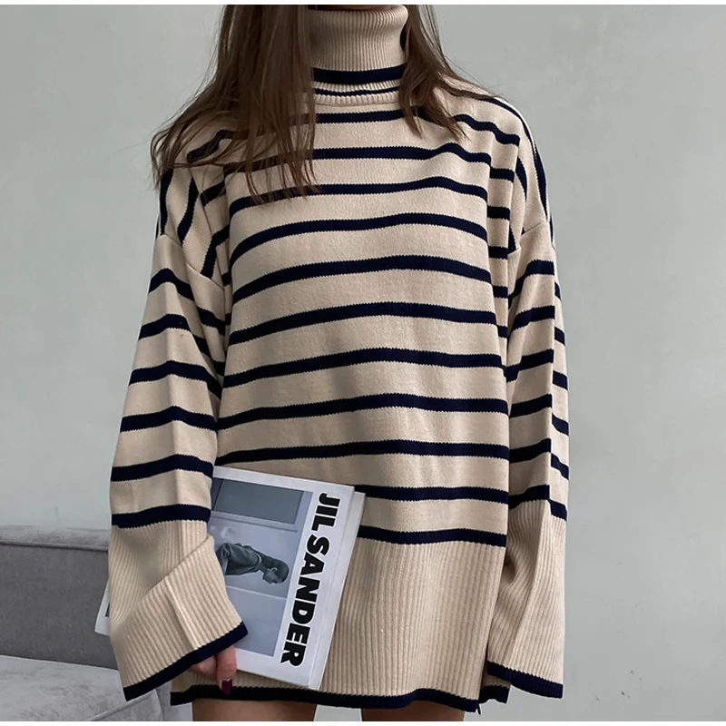 

M GIRLS Striped Split Turtleneck Women Sweater Long Flare Sleeve Knitted Oversized Autumn Winter Female Fashion Long Sleeve Top
