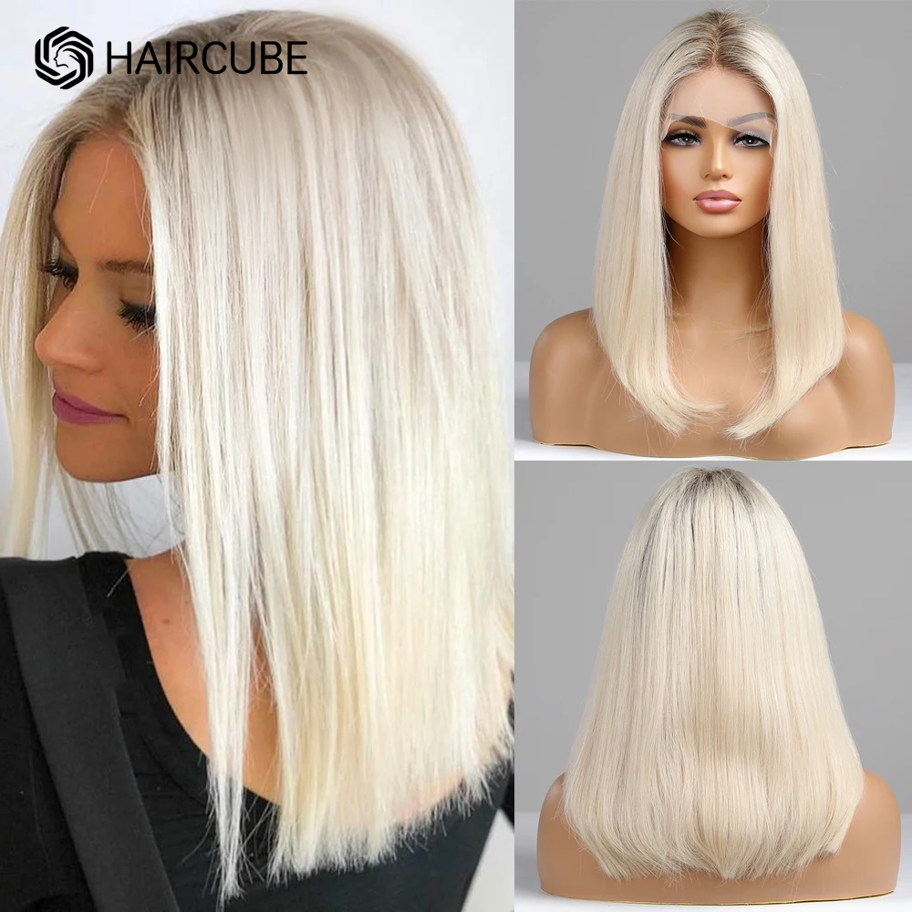 HAIRCUBE Platinum Blonde Bob Human Hair Wig Shoulder Long Ombre Straight Lace Front Wigs for Women Middle Part Lob Hairstyle