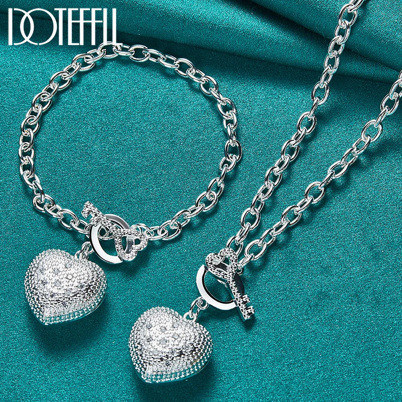 

DOTEFFIL 2pcs 925 Sterling Silver AAA Zircon Heart Bracelet Necklace Set For Woman Man Wedding Engagement Fashion Charm Jewelry