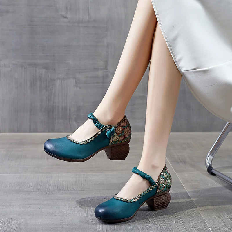 

Туфли-лодочки женские кожаные, высокий каблук, Туфли Мэри Джейн, мягкая натуральная кожа, Ретро стиль, Китайская вышивка, ручная работа