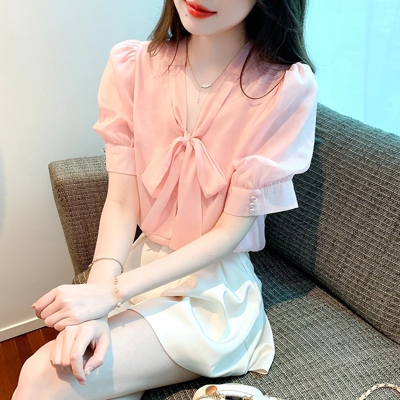 

Блузка женская шифоновая с бантом, Элегантная модная Милая рубашка для молодых девушек, розовый офисный Топ, лето 2023