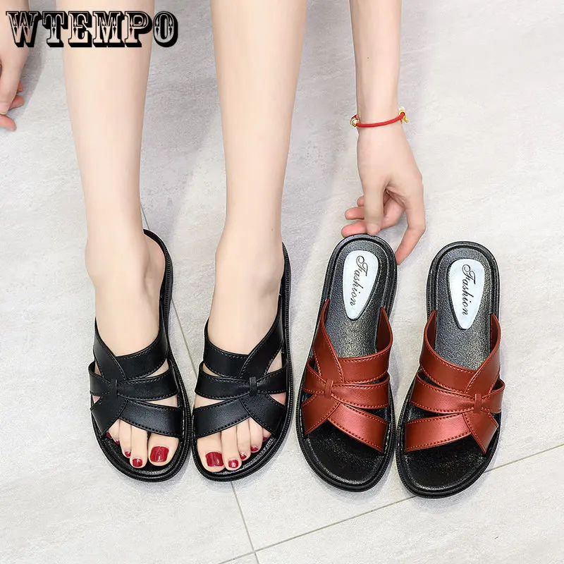 WTEMPO Summer Leather Women Slippers Outdoor Wear Wedges Soft Bottom Non-slip Seaside Women Sandals Mother Slippers Dropshipping
