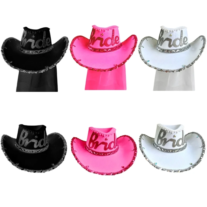 

Элегантная шляпа-Cowgirl MXMB для свадебной вечеринки, белая шляпа-Cowgirl, девичник, бриллиантовая блестящая шляпа-Cowgirl с широкими полями