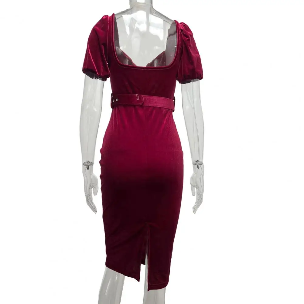 

Women Dress Waist Tight Skinny Mid-Calf Square Collar Puff Short Sleeve Bodycon Gown Dress Gown Dress Streetwear