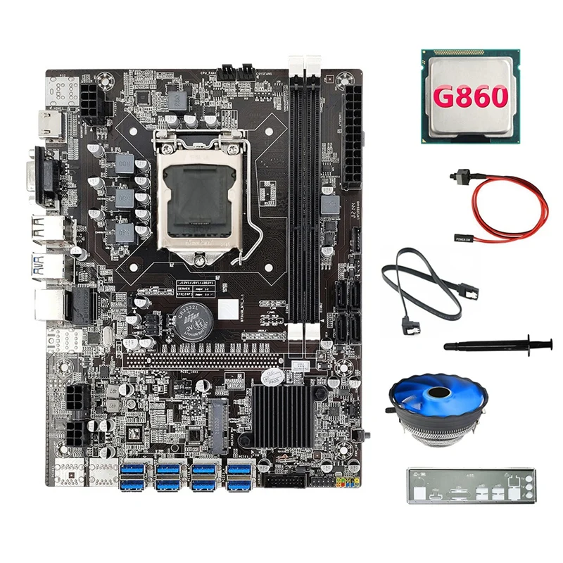 

B75 8USB ETH Mining Motherboard+G860 CPU+Fan+Switch Cable+SATA Cable+Baffle+Thermal Grease B75 BTC Miner Motherboard