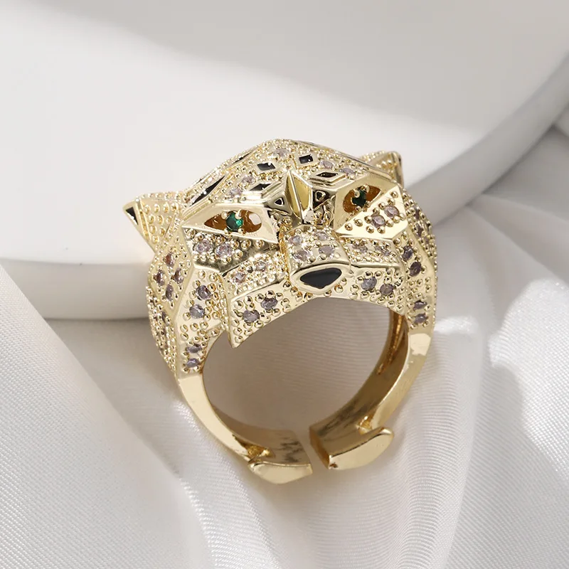 

European and American Fashion Design Inlaid Zircon Leopard Head Rings for Woman Hip-hop Adjustable Ring