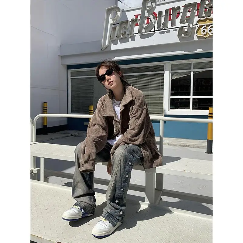 

High Street vintage washed button jeans for men And women with loose straight hip Hop drawstring casual pants 3XL