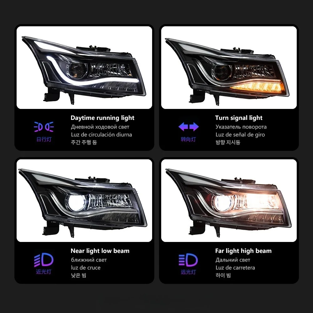 Фото Фара в сборе для Chevrolet Cruze 2009-2014 годов выпуска, с ксеноновыми ангельскими глазками, светодиодными дневными ходовыми огнями, указателями поворота, дальним светом и противотуманными фарами. №3