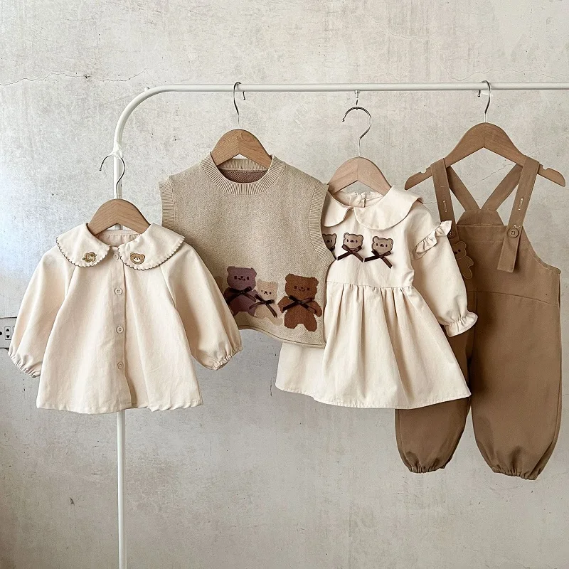 Cute Children Boy Girl Clothes 0-3Years Newborn Kid Bear Pattern Cotton Shirt Knitted Waistcoat Dress Suspender Pant 4PCS Outfit