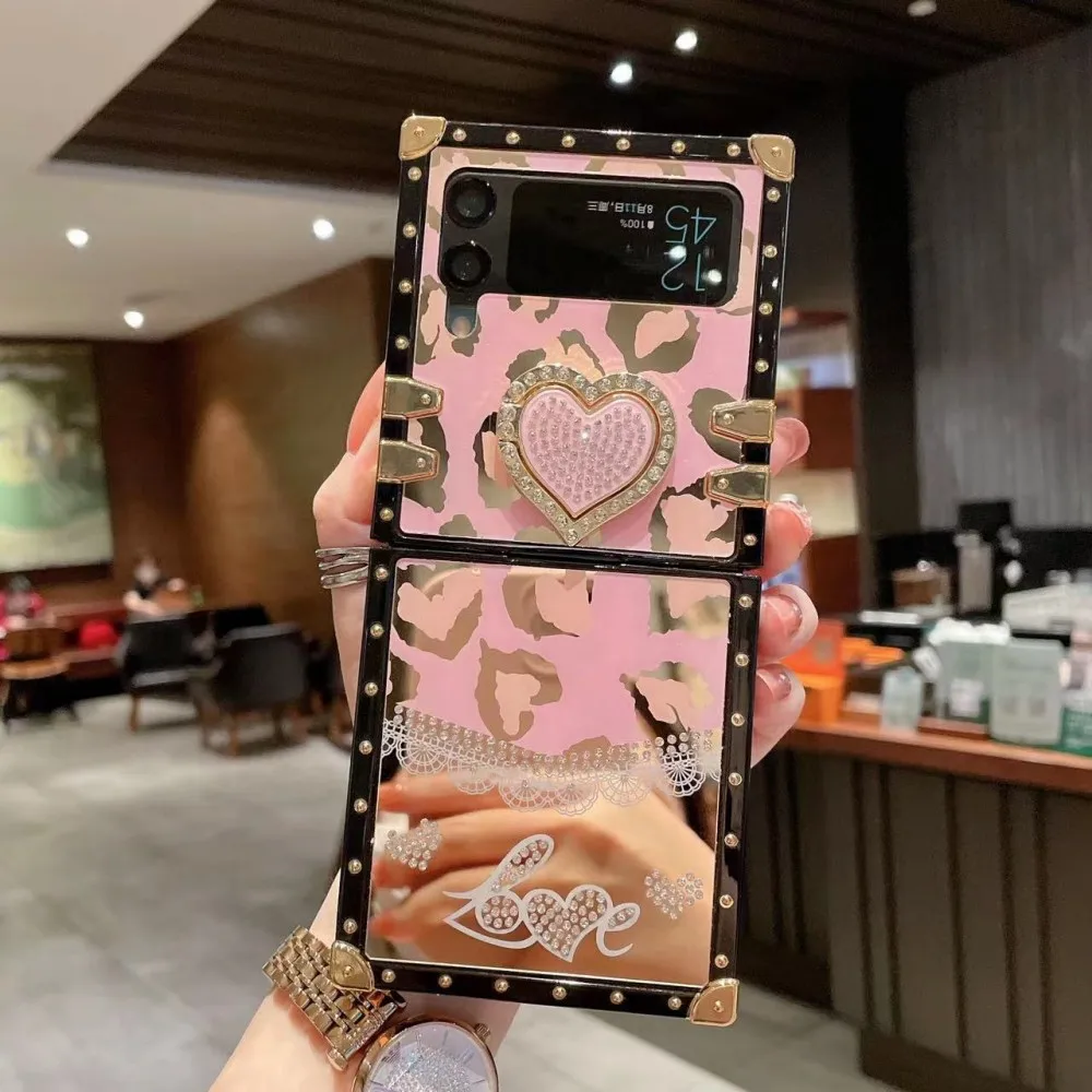 Korea Bling 3D Diamond Love Ring Holder Square Phone Case For Samsung Galaxy Z Flip 3 4 Back Cover