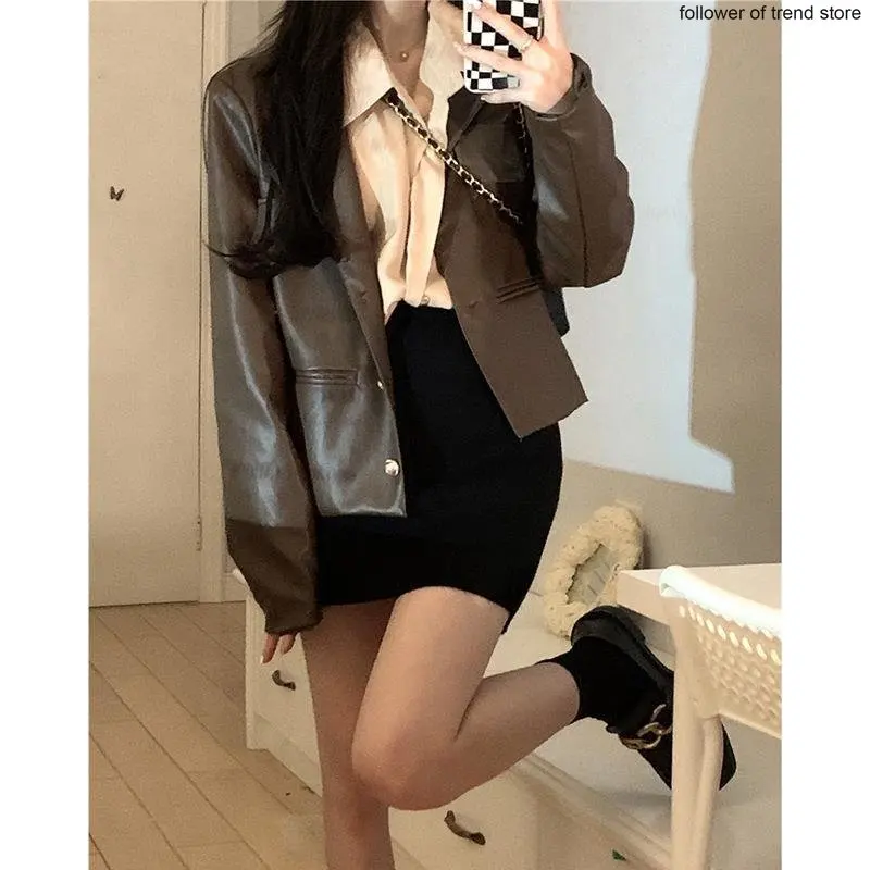 Jacket Jacket Women's Vintage Motorcycle Clothing PU Leather Coat Women In Autumn 2022 Office Lady Elegant Suit Korean