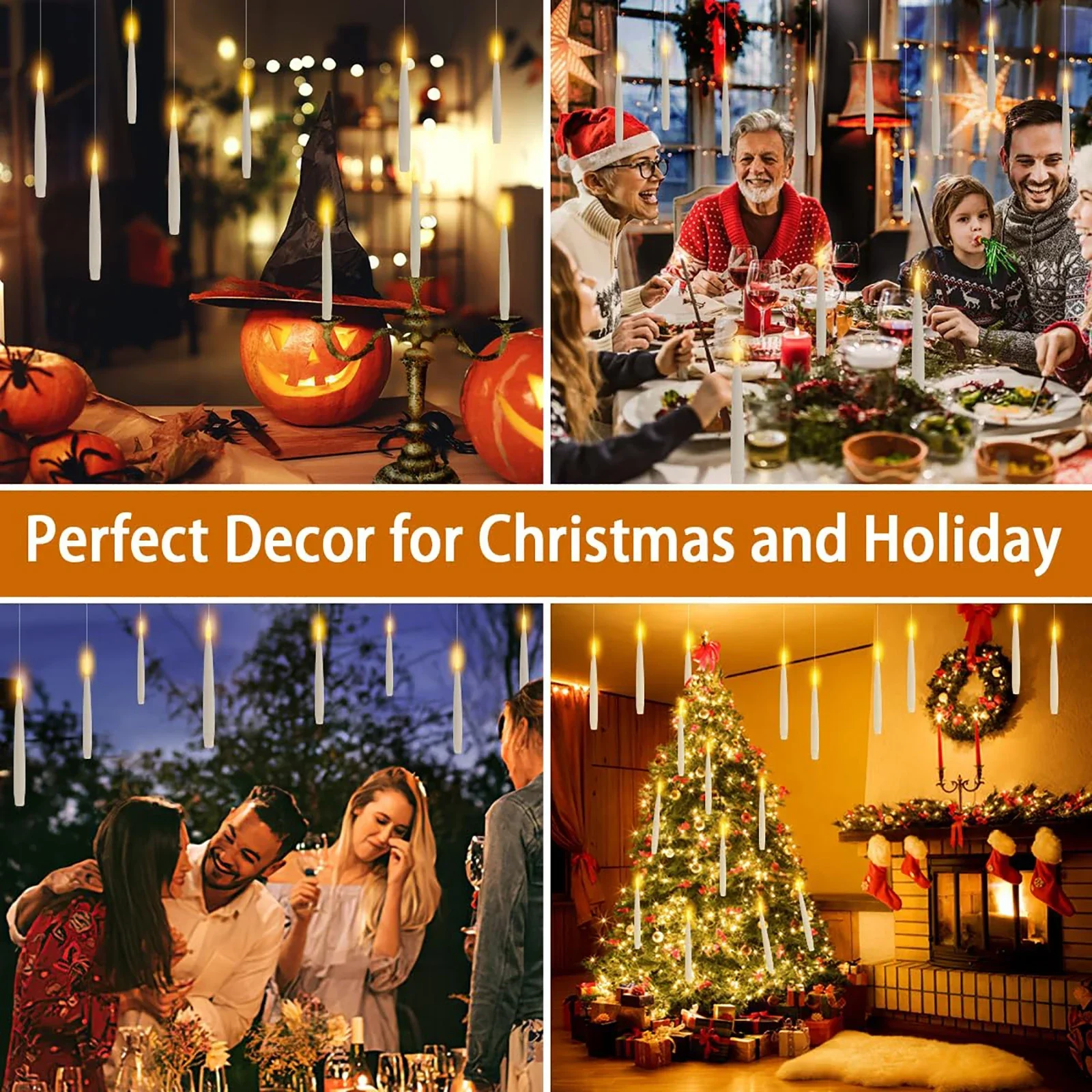 

10-200Pcs Christmas Flameless Floating Candle With Wand Magic LED Flickering Hanging Candles Battery Operated Window Candles