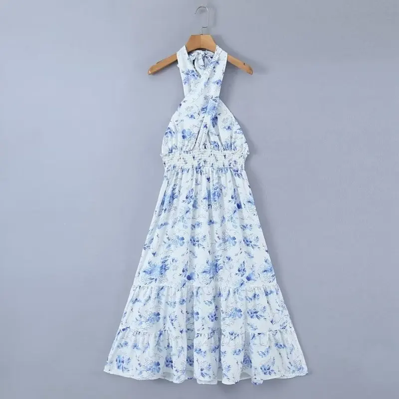 

Women 2023 New Chic Fashion Summer Printing Hanging Neck Collar Midi Dress Vintage Backless Female Dresses Mujer