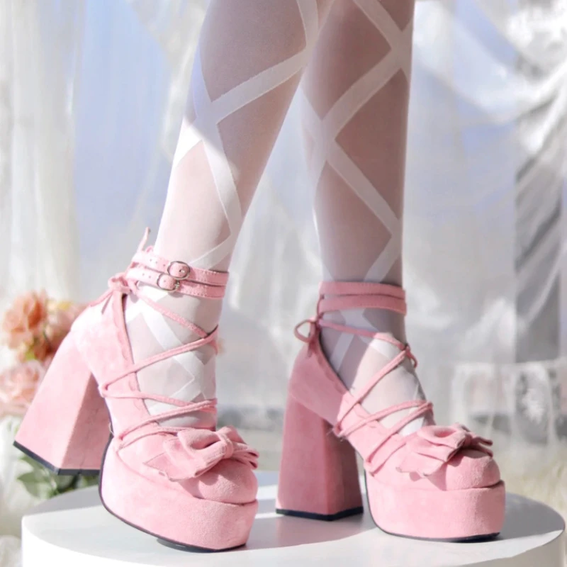 Sweet Lolita Shoes Chunky Platform High Heels Women Y2k Mary Jane Shoes with Straps Cute Pink Bow Fashion Female Cosplay Pumps
