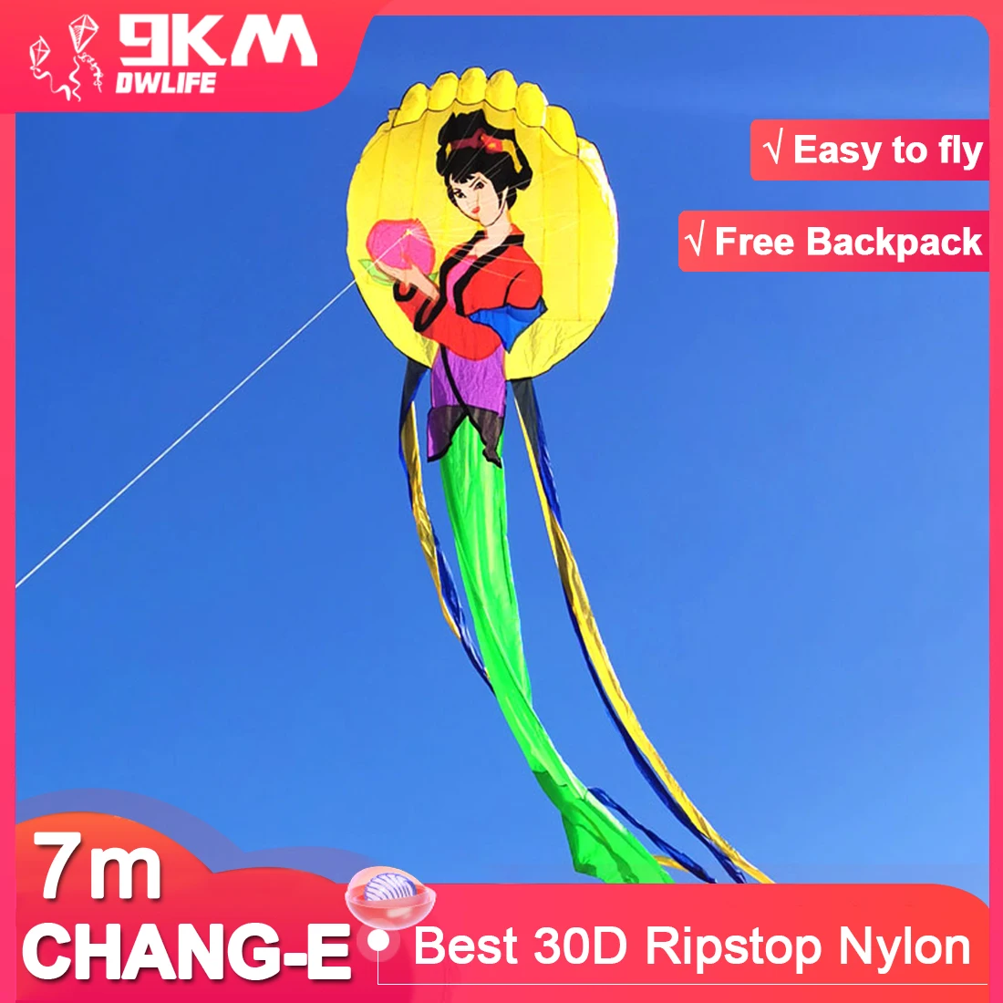 

9KM Best Traditional 3D 7m Soft Kite Fabulous Chang-e Flies to the Moon Single Line Kite 30D Ripstop Nylon with Bag