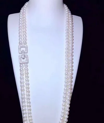 

free shipping 24-26inch 2row 8-9mm white Pearl jade CZ Necklace Pendant 925 silver micro inlay zircon clasp accessory jewelry