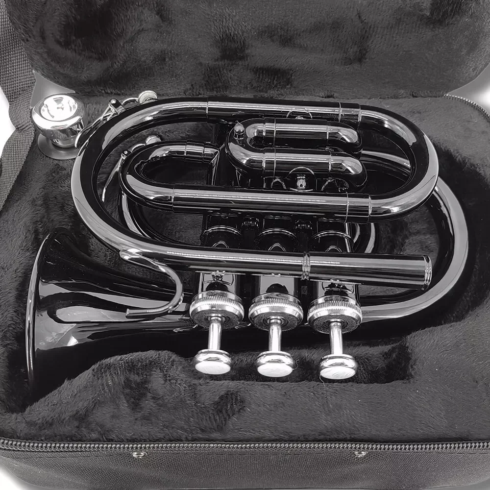 yinfente black Bb Brass Pocket Trumpet with Case Mouthpiece Cleaning Cloth Gift Kit Nice