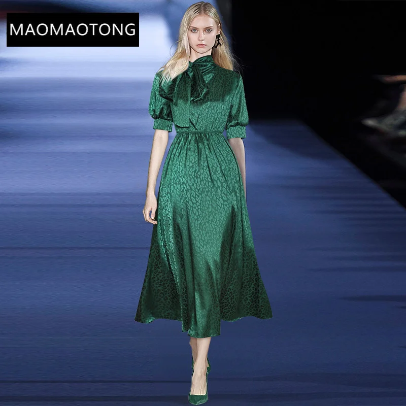

Fashion Runway dress Summer Women Dress Puff sleeve Elastic waist Printed Green Midi Dress Vestidos