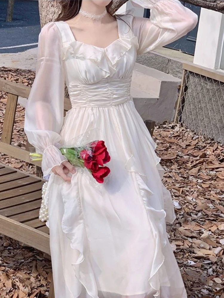 

Pure Color One Piece Dress Korean Style Woman 2023 Summer Long Sleeve Elegant Midi Dress Office Lady Casual Evening Party Dress