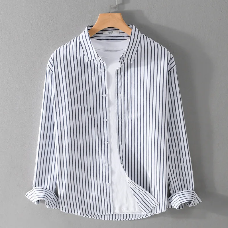 

High Quality Blue Green Striped Cotton Shirt Men Spring Autumn Long Sleeve Youth Bottoming Casual Popular Joker Men's Shirts