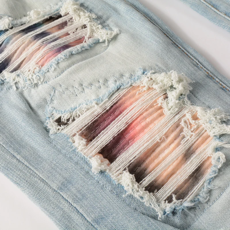 High Street Fashion Men Jeans Retro Light Blue Elastic Stretch Skinny Fit Ripped Jeans Patched Designer Hip Hop Brand Pants Men